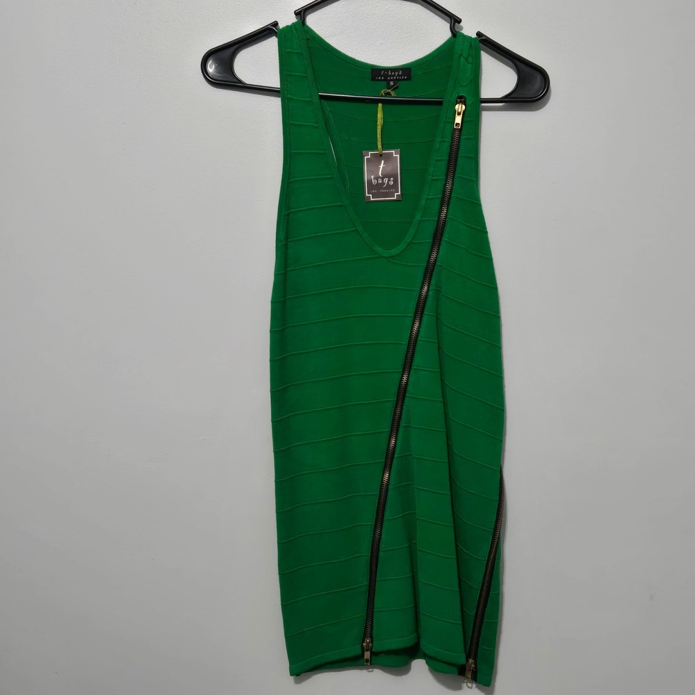 S#16 T Bags Los Angeles Green Ribbed Zipper Bodycon Tank Dress Women‎ Size S